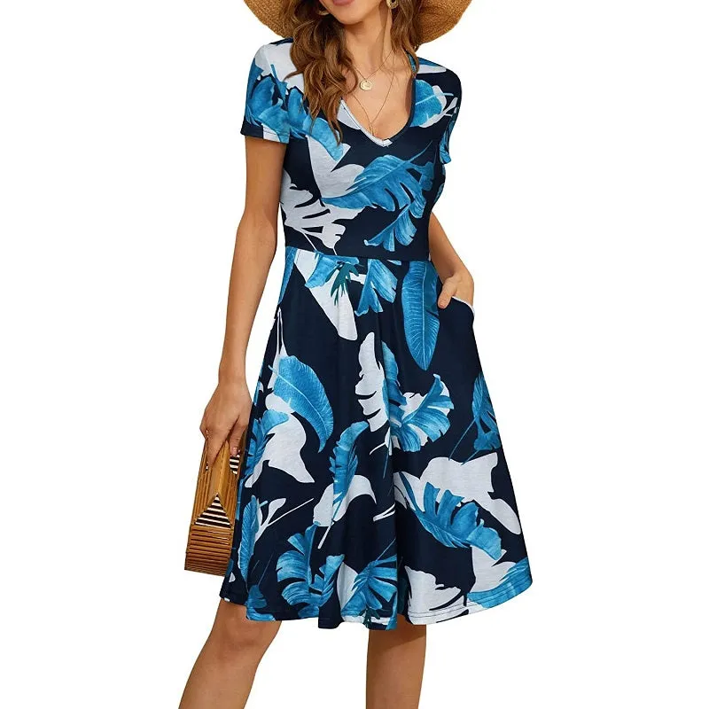 Womens Summer V-Neck Short Sleeve Pocket Print Dress