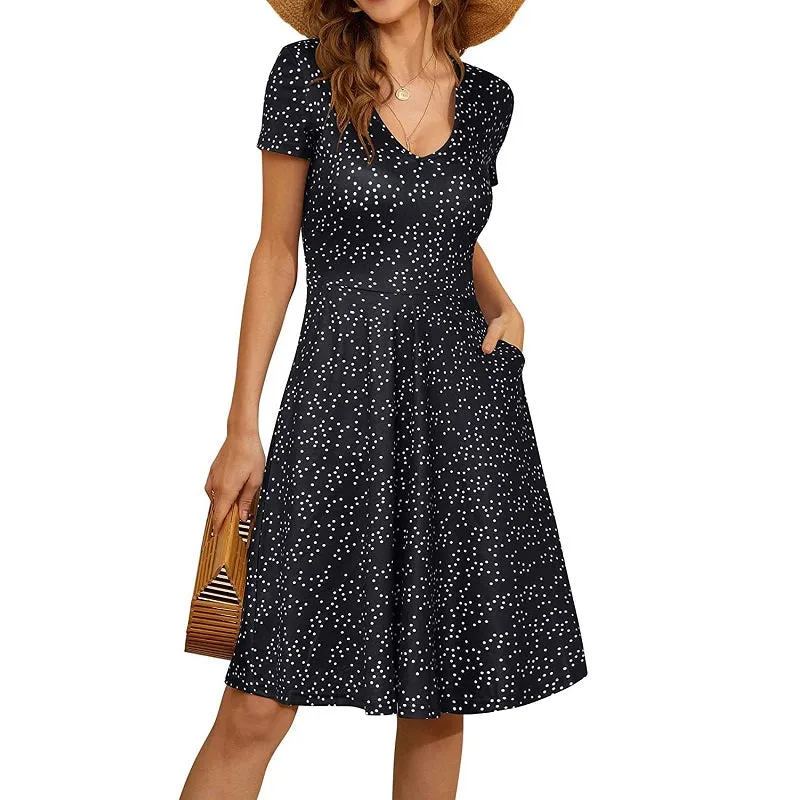 Womens Summer V-Neck Short Sleeve Pocket Print Dress