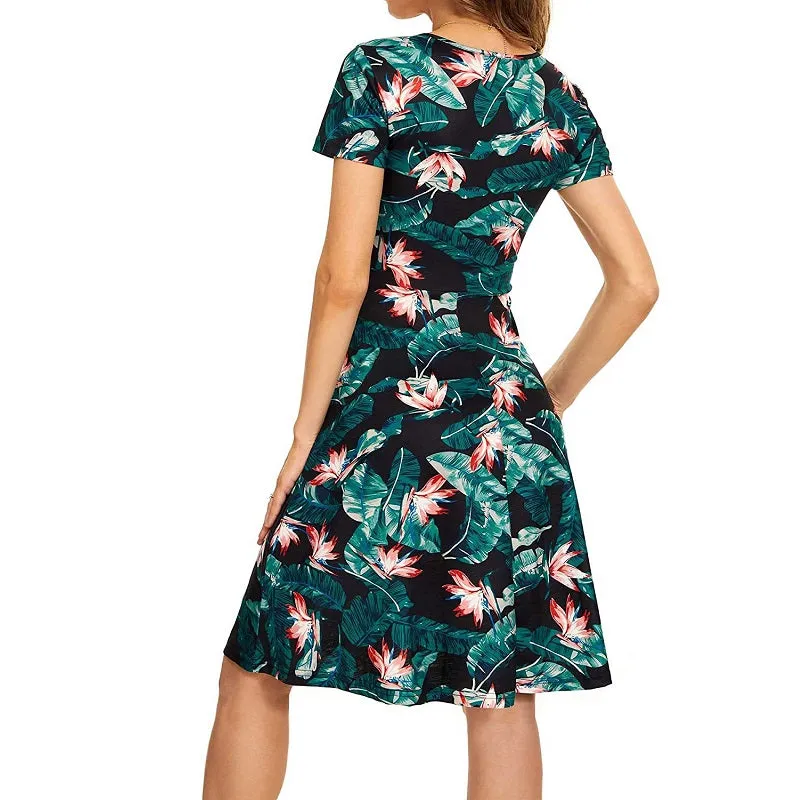 Womens Summer V-Neck Short Sleeve Pocket Print Dress