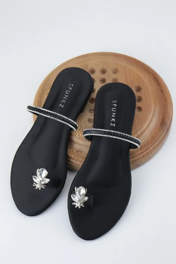 Zuri Black Diamond Bee Decor Toe Ring Flat Sandals